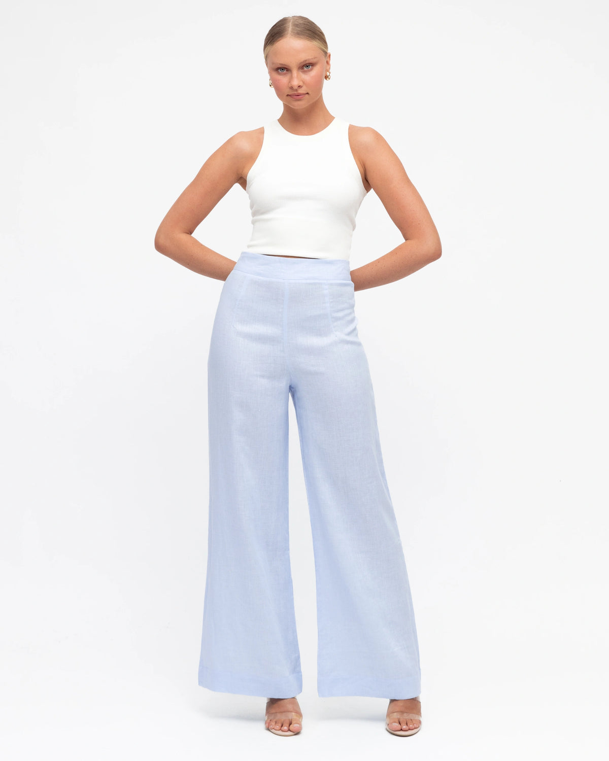 FLAT FRONT LINEN PANTS / BLUE