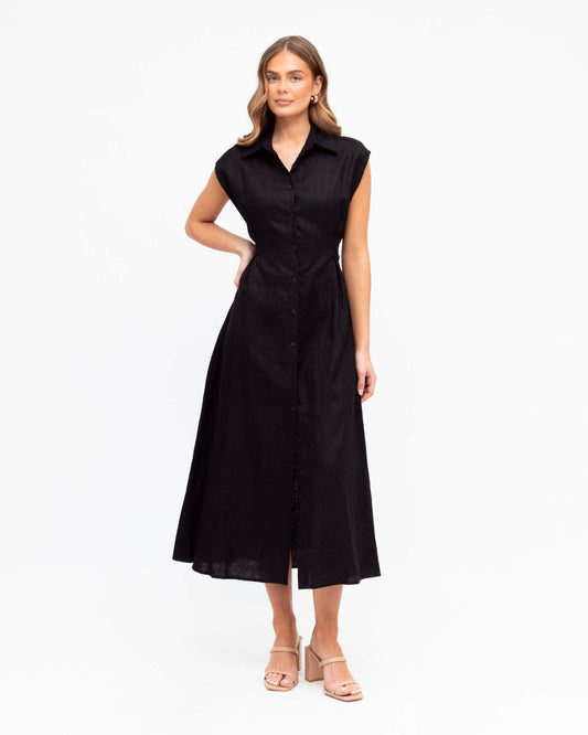 LINEN COLLARED MIDI SHIRT DRESS