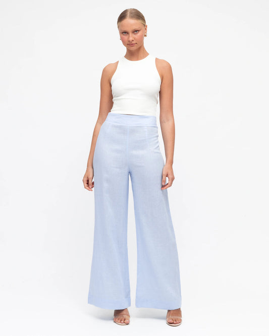 FLAT FRONT LINEN PANTS / BLUE