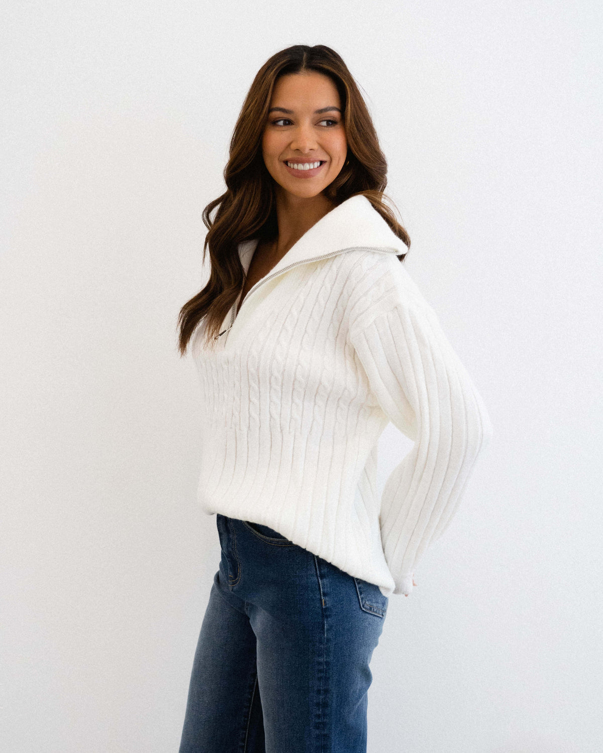 HALF ZIP CABLE KNIT JUMPER